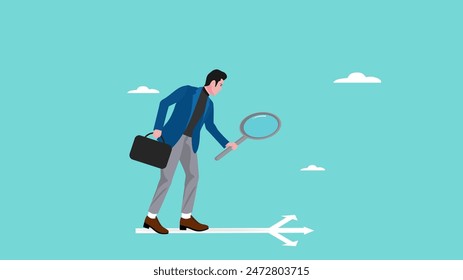 Finding career path to success, find strategies to achieve success, find strategies to achieve success, Businessman analyzes several career paths using a magnifying glass