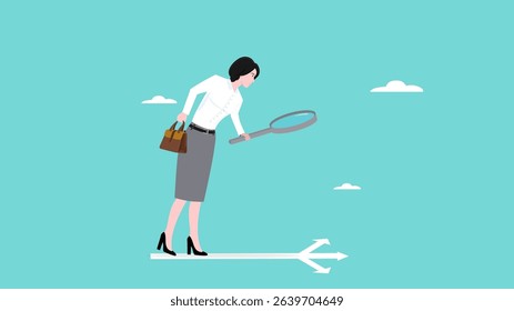 Finding career path to success, find strategies to achieve success, find strategies to achieve success, Business woman analyzes several career paths using a magnifying glass