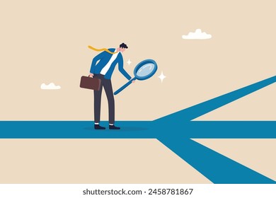 Finding career path or success route, analyze to make decision choices, discover opportunity way, directions or pathway to success concept, businessman analyze career path with magnifying glass.