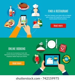 Finding choosing and booking restaurant online on mobile devices horizontal banners set flat isolated vector illustration