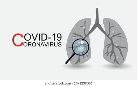 Entdecken Sie Coronavirus in der Lunge durch Vergrößerung des Glases auf grauem Hintergrund. Vektorgrafik