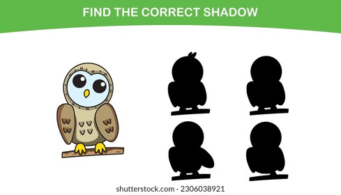 Finding the correct owl shadow. Find the correct shadow. Educational matching game for children. Cartoon vector illustration