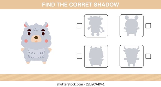 finding the correct shadow of cute animal education page game for kindergarten and preschool