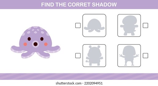 finding the correct shadow of cute animal education page game for kindergarten and preschool