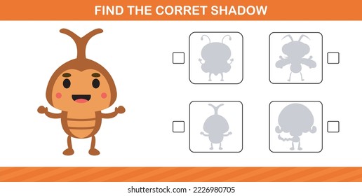 finding the correct shadow of cute insect education page game for kindergarten and preschool
