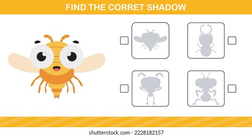 finding the correct shadow of cute insect,education page game for kindergarten and preschool