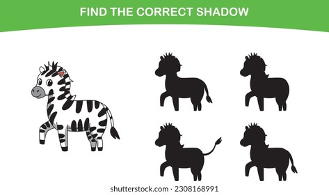 Finding the correct zebra shadow. Find the correct shadow. Educational matching game for children. Cartoon vector illustration