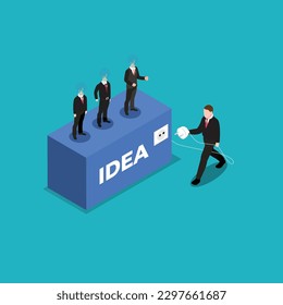 Finding creative ideas - Business manager charging businessmen with lightbulb head isometric 3d vector illustration concept for banner, website, illustration, landing page, flyer, etc.