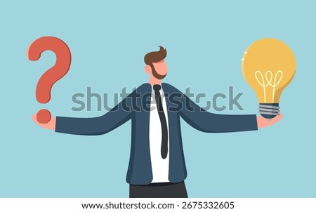 Finding creative ways to solve business problems, creativity or intelligence to generate new ideas or opportunities, thought process or logic to achieve goals, man holding light bulb and question mark