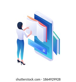 Finding Desired Web Book In Mobile Application Isometric Illustration. Female Character Is Leafing Through Online Magazine In Smartphone With Search Bar. Internet Knowledge Training Vector Concept.