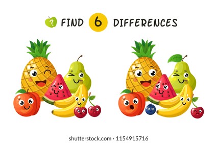 Finding differences. Children game with happy cartoon fruits. Vector illustration for kids book. Fruit apple and pineapple, plum and banana, berry and pear