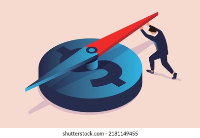 Finding and exploring the direction of business finance, isometric businessman pushing the pointer of money compass, business investment and planning, business guidance and forecast.