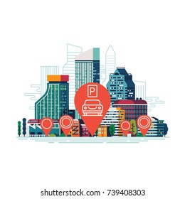 Finding free parking space in the city. Cool vector illustration on parking application