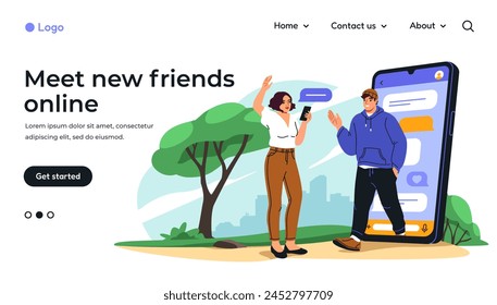 Finding friends online. Landing page template with man and woman communicating and chatting on social networks. Dating on Internet. Cartoon flat vector illustration isolated on white background