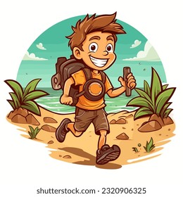 Encontrar tesoros de Geocaching en la playa. Búsqueda de dirección por brújula o navegación electrónica. Ilustración vectorial de dibujos animados. fondo aislado, pegatina