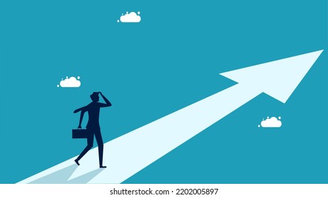 finding a goal or find the meaning of life. Businessman on arrow pointing towards future goals