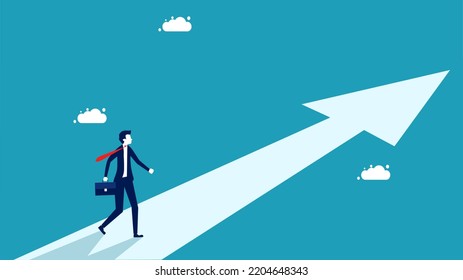 Finding A Goal Or Find The Meaning Of Life. Businessman On Arrow Pointing Towards Future Goals