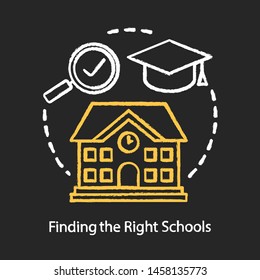 Finding Good Schools Chalk Concept Icon. Choosing Educational Institutions, Campus Location Idea. School Choice, College, University Selection. Vector Isolated Chalkboard Illustration