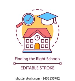 Finding Good Schools Concept Icon. Choosing Educational Institutions Location Idea Thin Line Illustration. School, College Selection. Vector Isolated Outline Drawing. Editable Stroke