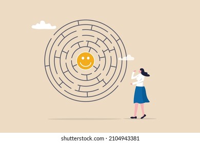 Finding happiness, positive thinking or emotion intelligence, solution to searching for happiness and optimism concept, frustrated woman find the way to happy smile in the middle of labyrinth puzzle.