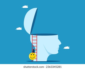 Finding happiness within yourself. Businesswoman holding optimistic thinking icon climbing stairs on big head