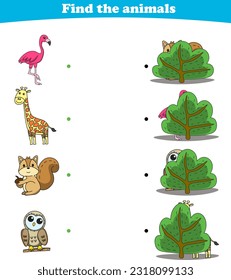 Finding Hiding Animals Child Exercise Sheet flamingo zebra squirrel owl printable