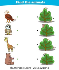 Finding Hiding Animals Child Exercise Sheet eagle owl giraffe bear printable