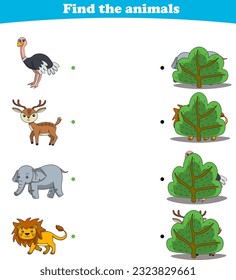 Finding Hiding Animals Child Exercise Sheet ostrich deer elephant lion printable
