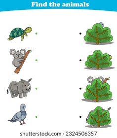 Finding Hiding Animals Child Exercise Sheet turtle koala rhino dove printable