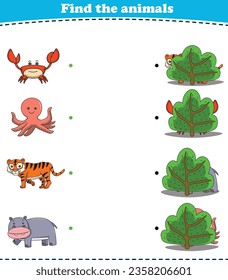 Finding Hiding Animals Child Exercise Sheet crab octopus tiger hippopotamus printable