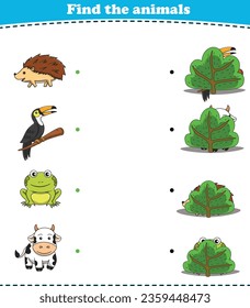 Finding Hiding Animals Child Exercise Sheet hedgehog toucan frog cow printable
