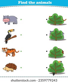 Finding Hiding Animals Child Exercise Sheet hippopotamus toucan tiger hedgehog printable