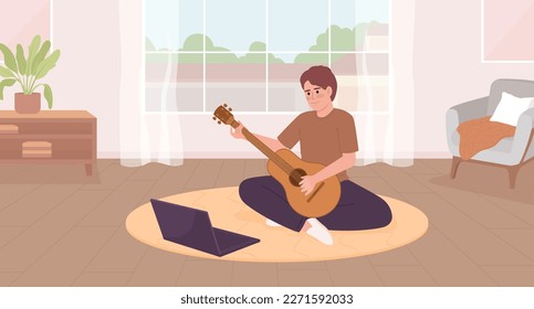 Finden Sie Hobby und lernen Sie online flache Farbe Vektorgrafik. Man spielt Gitarre mit Tutorial auf Laptop. Heldenbild. Vollständig bearbeitbarer, einfacher 2D-Cartoon-Charakter mit Wohnzimmer auf Hintergrund