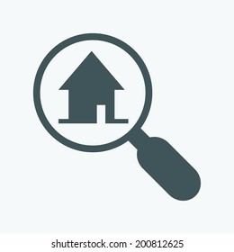 Finding a home. magnifying glass and house icon