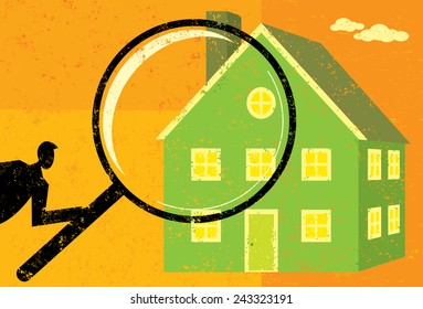 Finding a Home A man looking through a magnifying glass at a house. The man, magnifying glass, and home are on a separate labeled layer from the background.