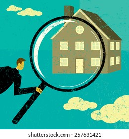 Buscando un hogar. Un hombre mirando a través de una lupa en una casa. El hombre, la lupa y el hogar están en una capa separada etiquetada del fondo.