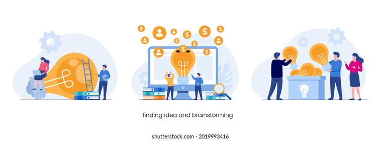 finding idea and brainstorming concept, bulb light idea, flat vector illustration for banner