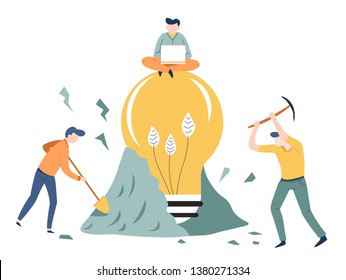 Encontrar idea de negocio de inicio bombilla de luz minería vectorial o trabajo en equipo de excavación en tierra hombre con creatividad de laptop invención y solución trabajo duro hombres con creación de proyectos de pan y pickaxe