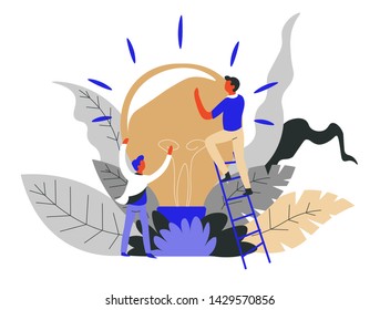 Encontrando ideia conceito de negócios start-up lâmpada vetor trabalho em equipe homem na escada criatividade invenção e solução criação de projeto de trabalho duro cooperação e colegas de trabalho em equipe de apoio.