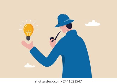 Finding idea, solution or search for new opportunity, discover new invention idea, creativity, innovation or curiosity concept, detective man hold bright lightbulb idea think to solve problem.