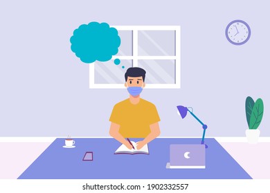 Finding idea vector concept: University student writing on his notebook while wearing face mask with cloud speech over his head