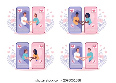 Finding Ideal Partner Through Dating App Flat Concept Vector Illustrations Set. Romantic Couples Isolated 2D Cartoon Characters On White For Web Design. Deep Affection Creative Idea Collection