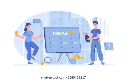 Finding ideas. Brainstorming process. Find solution, business ideas, innovations. Vector illustration with characters in flat design for web banner.	
