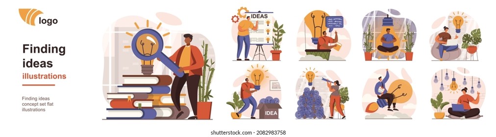Ideenfindung Konzept isoliert Menschen Situationen. Kollektion von Szenen mit Menschen kommen mit neuen Ideen, Brainstorm, entwickeln Projekt-Plan und Strategie. Mega-Set. Vektorgrafik in flachem Design