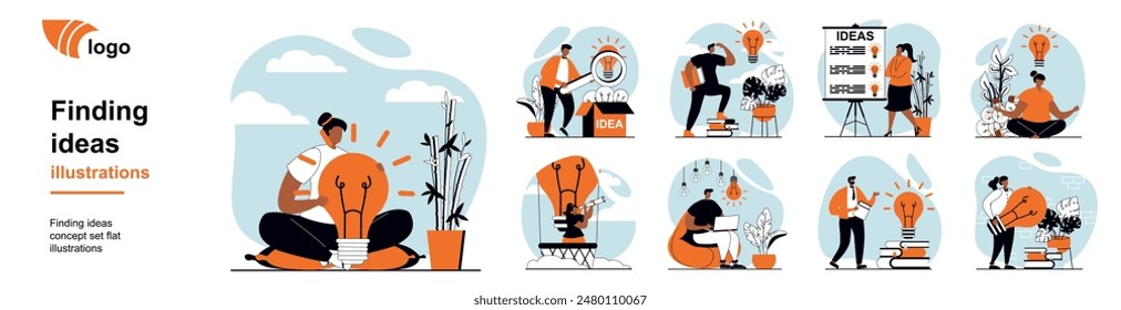 Finding ideas concept with people scenes mega set in flat web design. Bundle of character situation with brainstorm, develop project plan, create strategy, thinking and solving. Vector illustrations.