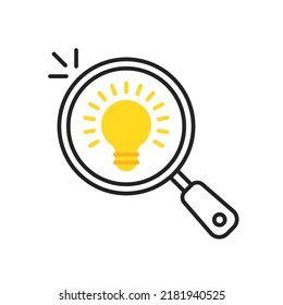 finding ideas icon with thin line magnifier. concept of suggest simplicity or survey and studying process. flat linear simple trend modern visionery or aha moment logotype design isolated on white