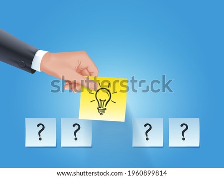 Finding ideas in situations of uncertainty. find solutions when in doubt about making decisions. Business Illustration Concept Ideation. Businessman hand holding sticky note lamp drawing icon.
