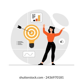 Finding ideas, solutions. Brainstorming and finding solutions to problems. A happy woman find a great idea. Illustration with people scene in flat design for website and mobile development.