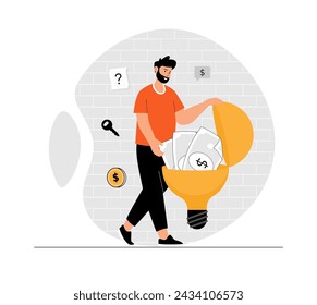 Finding ideas, solutions, brainstorming process. Businessman open light bulb with full money, profitable idea metaphor. Illustration with people scene in flat design for website and mobile development