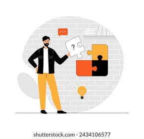 Finding ideas, solutions, brainstorming process. Man putting together a puzzle. Innovation manager. Illustration with people scene in flat design for website and mobile development.	
